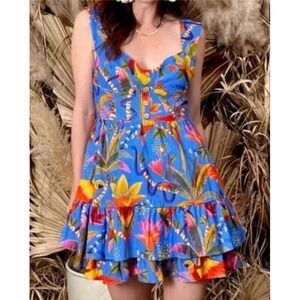 New Farm Rio Macaw Party Linen Blend Mini Dress In Blue‎ Size Small